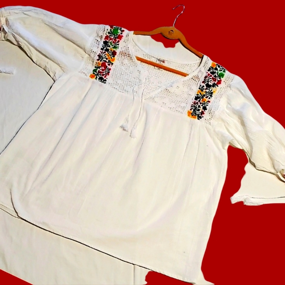 Embroidered peasant cotton shirt
